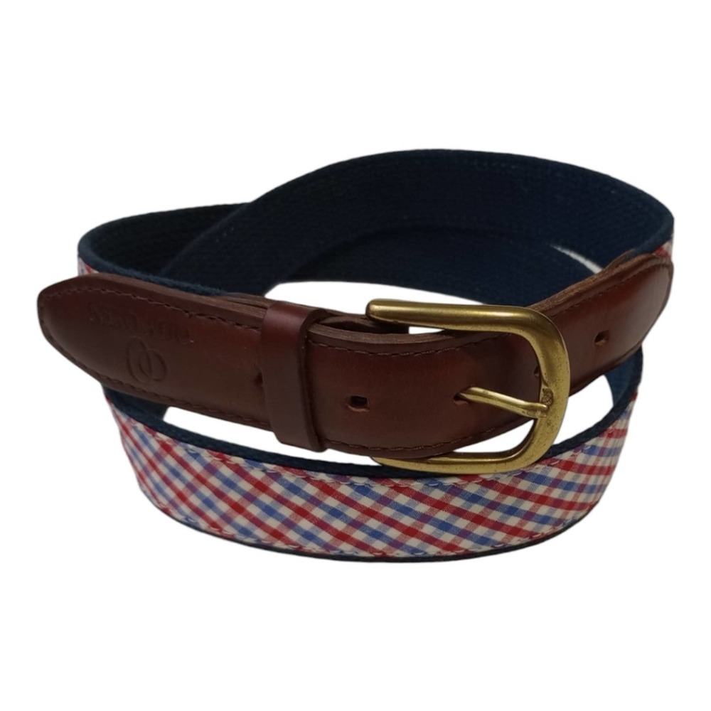 Olly Oxen Red Blue Gingham Leather Belt Size 40 / 100 - Picture 1 of 6